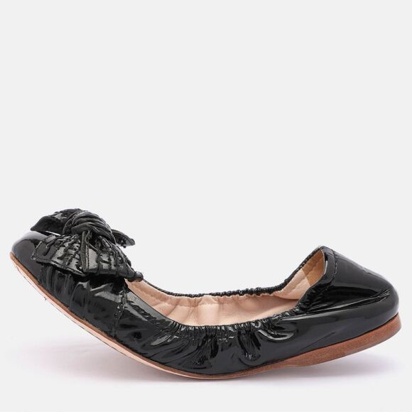 Miu Miu Black Patent Leather Bow Scrunch Ballet Flats Size 35.5,New Products : American Fashion Style Bags On Sale